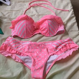 Pink polka dot and stripes ruffle bikini